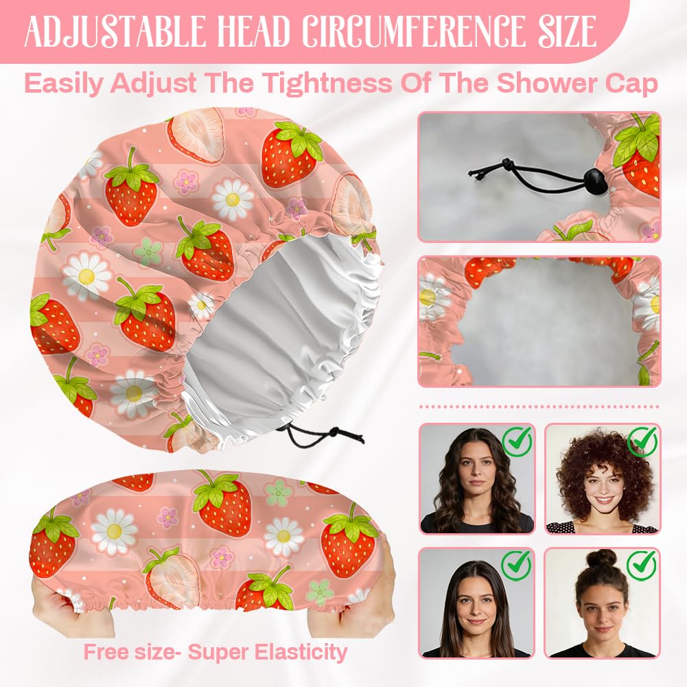 DELORIGIN Strawberries Reusable Shower Cap Cute Fruit Double Layer Waterproof Shower Caps Large Elastic Hair Cover Adjustable Hair - Drying Caps Beauty and Personal Care DELORIGIN