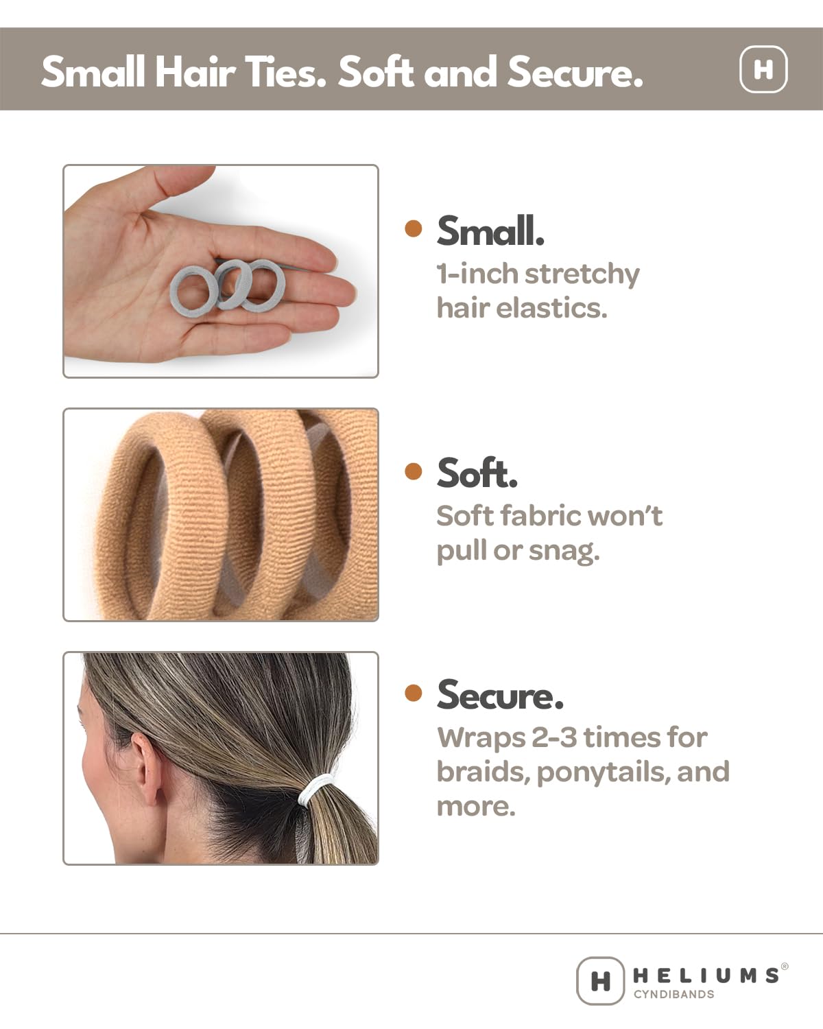 Heliums Small Soft Hair Ties - Brown - 1 Inch Mini Nylon Bands, No Damage Ponytail Holders for Kids, Braids, and Thin Hair - 30 Count Beauty and Personal Care Heliums