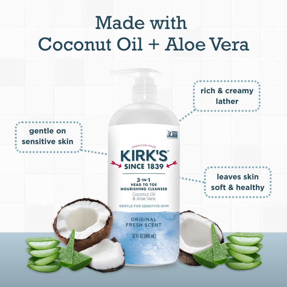Kirk's 3-in-1 Head to Toe Nourishing Liquid Cleanser- for Men, Women & Children - Premium Coconut Oil & Aloe Vera- Non GMO & Vegan -Original Fresh Beauty & Personal Care Kirk's