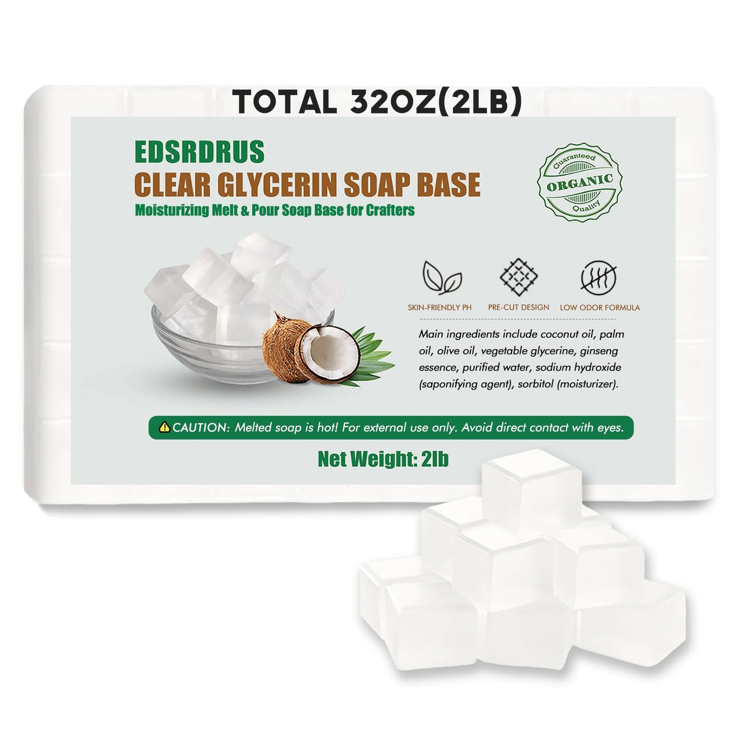 EDSRDRUS 2LB Unscented Glycerin Soap Base DIY Handmade Soap Moisturizing Melt and Pour Soap Base for Crafting, Vegetable Glycerin & Coconut Oil, Easy Beauty & Personal Care EDSRDRUS