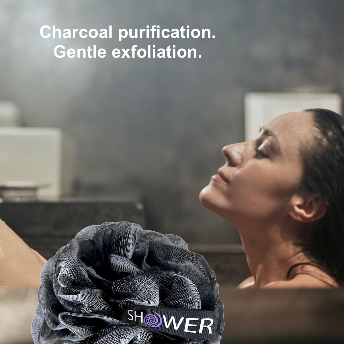 SHOWER BOUQUET Loofah-Charcoal Back-Scrubber & Bath-Sponge Set // 1 Long-Handle-Back-Brush Plus 2 Extra Large 75g Soft Mesh Loofa-Lufa-Loufa Puff Beauty & Personal Care Shower Bouquet
