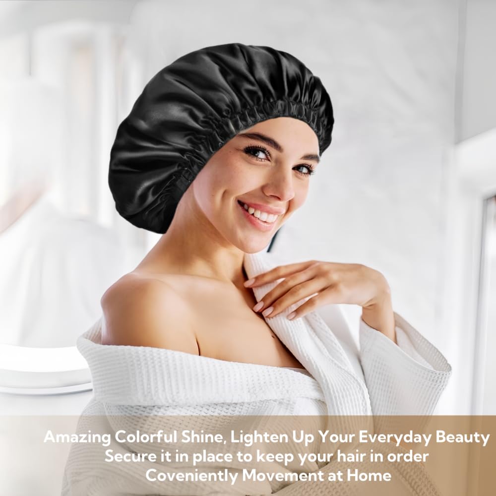 VECIIR Satin Bonnet Silk Bonnet for Sleeping Women and Men, Ajustable Hair Bonnet for Curly Hair with Double Layer Hair Bonnet,Black - Black,Medium Beauty and Personal Care VECIIR