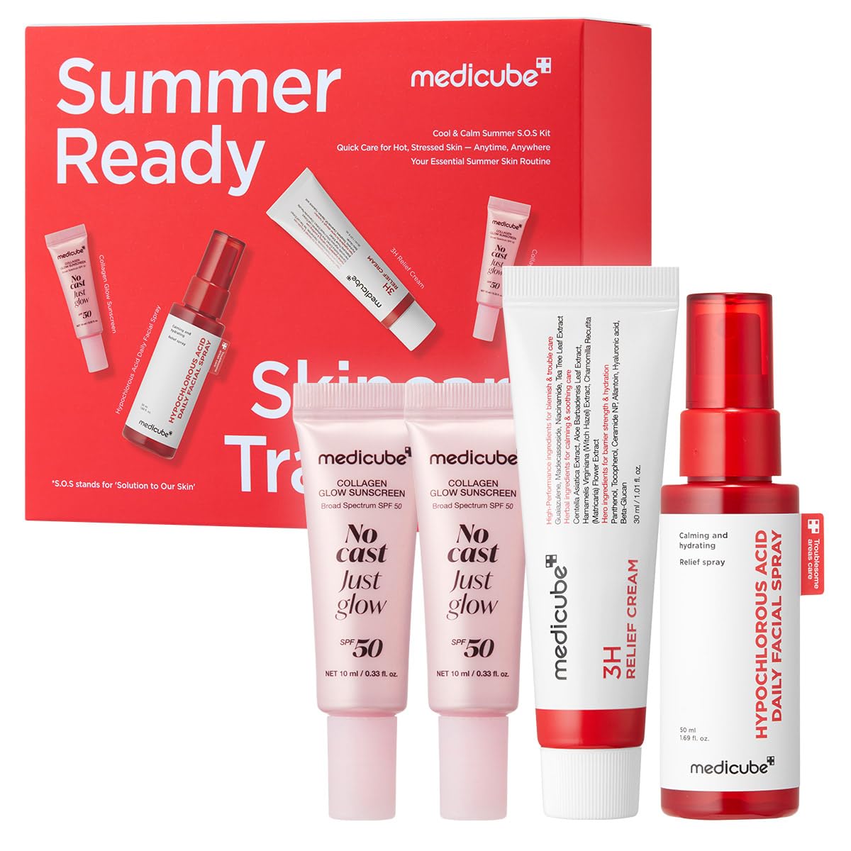 medicube Summer-Ready Skincare Travel Kit | Quick Cooling & Soothing Essential | HOCl Spray, Relief Cream & SPF 50 Sunscreen for Irritated Skin | Beauty and Personal Care medicube