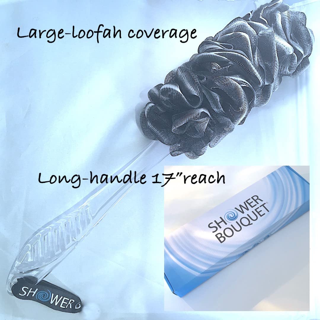 SHOWER BOUQUET Loofah-Charcoal Back-Scrubber & Bath-Sponge Set // 1 Long-Handle-Back-Brush Plus 2 Extra Large 75g Soft Mesh Loofa-Lufa-Loufa Puff Beauty & Personal Care Shower Bouquet
