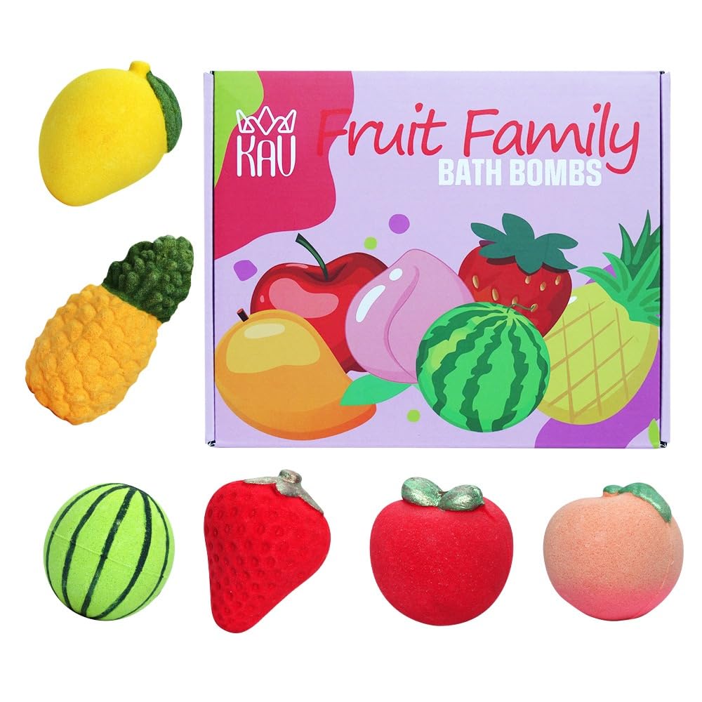 Kids Bath Bomb Gift Set - 6 Large 150g Fruit-Scented Bath Bombs with Matching Scents - Natural & Vegan - Strawberry, Peach, Mango, Pineapple Beauty and Personal Care KAV