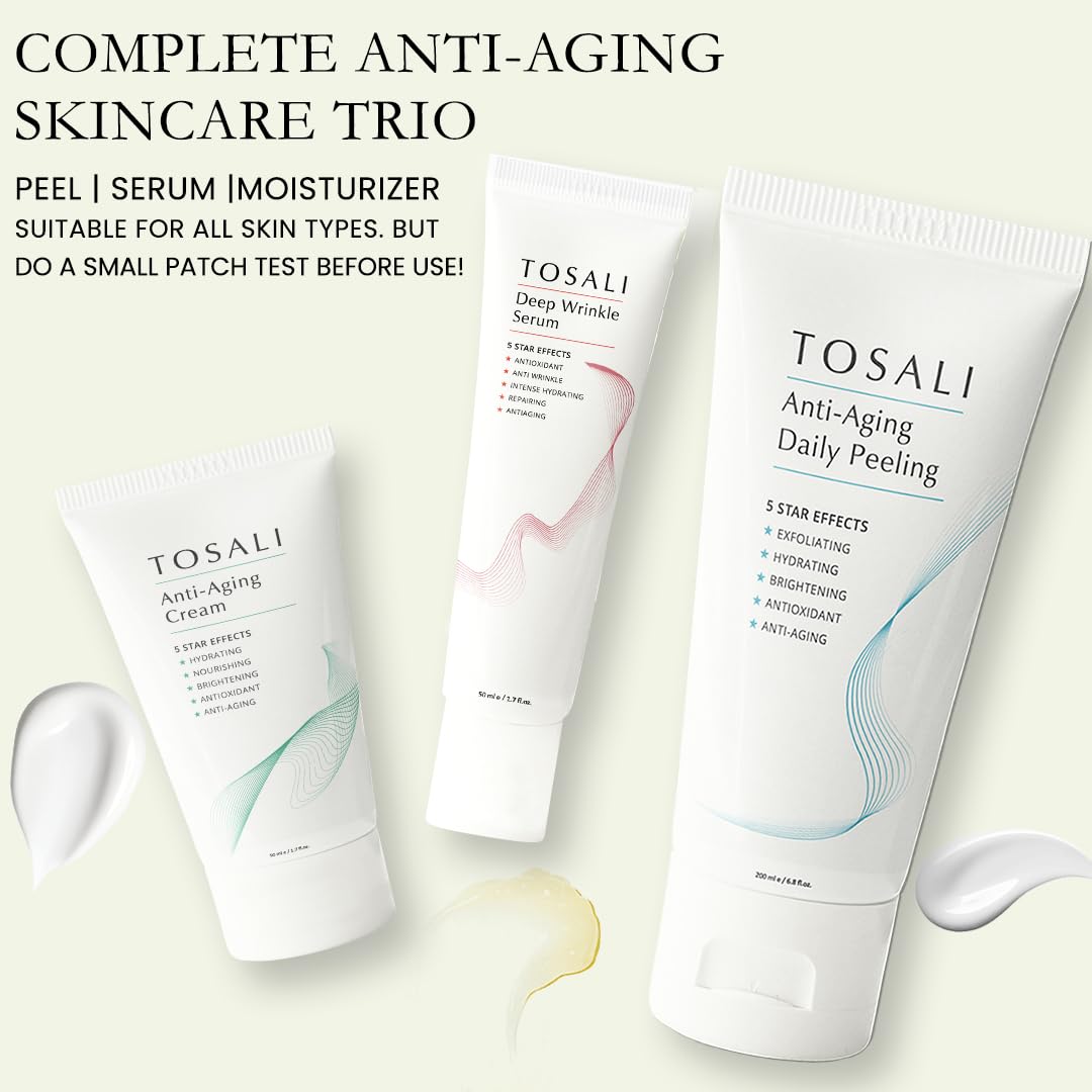 TOSALI Anti Aging Skincare Set - Daily Peeling Mask (6.8 oz), Deep Wrinkle Serum (1.7 fl oz) & Face Cream (1.7 oz) - Hydrating, Brightening, Wrinkle Beauty & Personal Care TOSALI