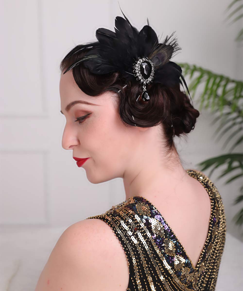 Aimimier 1920s Flapper Feather Hair Clip Black Roaring 20s Headpiece Costume Masquerade Hair Jewelry for Women and Girls (Style 1) Beauty & Personal Care Aimimier