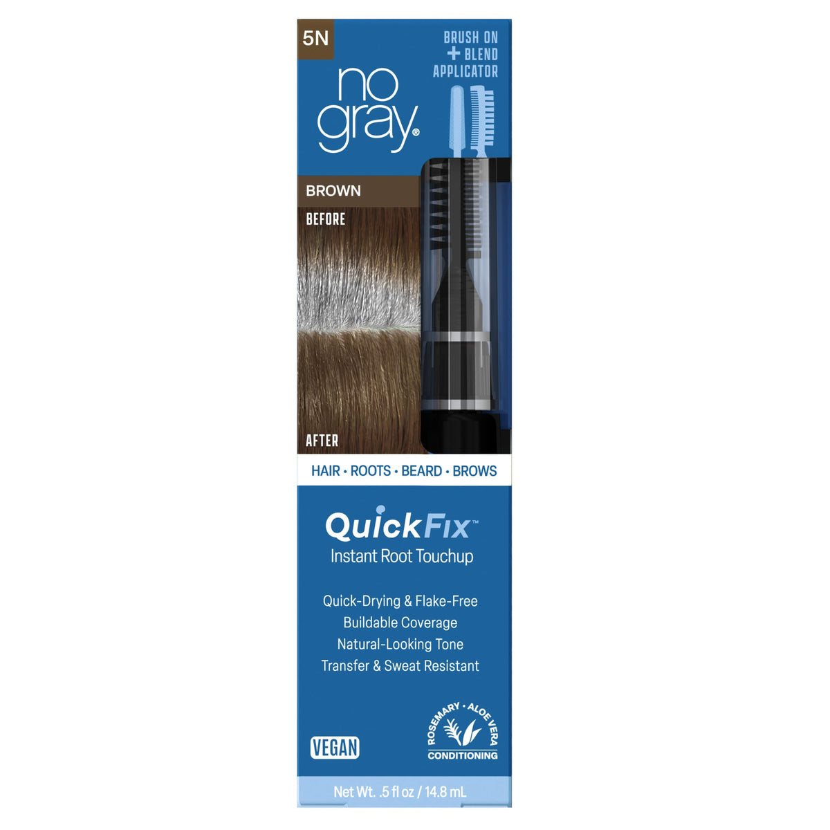 No Gray Quick Fix, 5N Brown, Instantly Hide Gray, Silver & White Hair, Easy to Use Applicator, Compact & Travel Friendly, Vegan & Cruelty Free