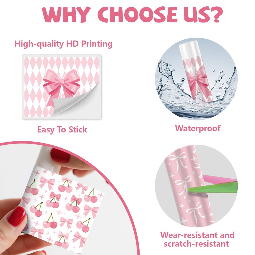 Peacoblue 160Pcs Lip Balm Labels Sticker for Tubes 2.1"x1.7" Pink Bow and Cherry, 8 Styles Waterproof Chapstick Labels Glossy for Homemade Lip Balm Beauty and Personal Care peacoblue