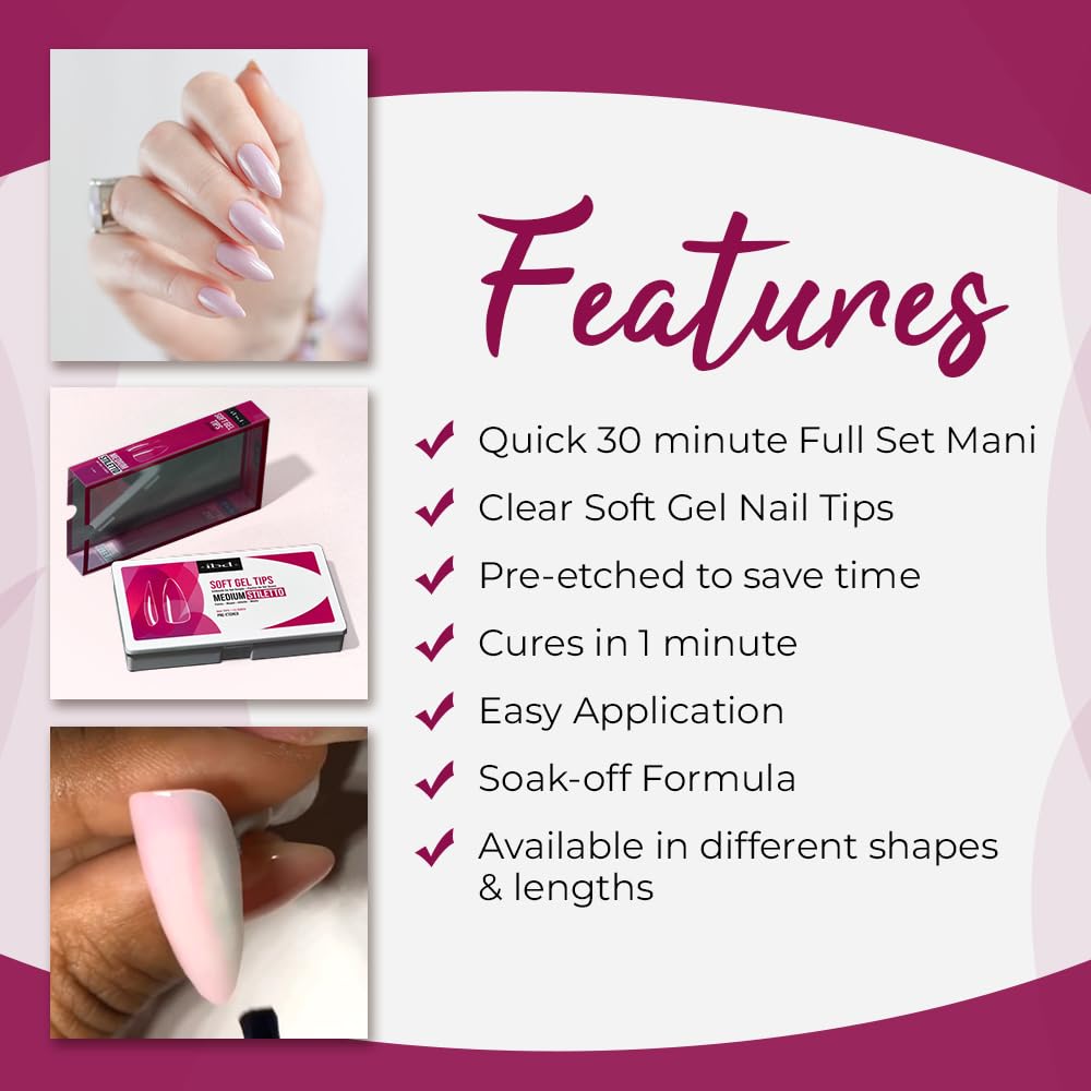 IBD Clear Soft Gel Nail Tips Almond Medium Stiletto - Pre-Etched Full Cover Nail Extensions for Acrylic & Gel Manicures, Lightweight Press On Nails