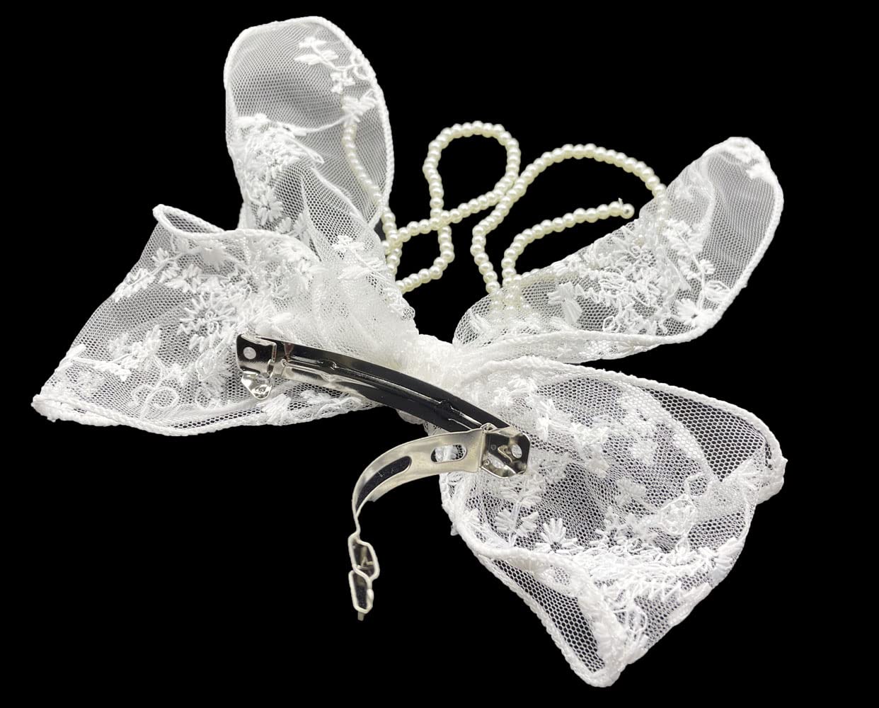 Sovenny 3 Pieces Lace Bow Pearl Chain Hair Clips Flower Embroidery Non Slip Hair Bow Barrettes for Women and Girls (White, Beige, Black) Beauty & Personal Care Sovenny