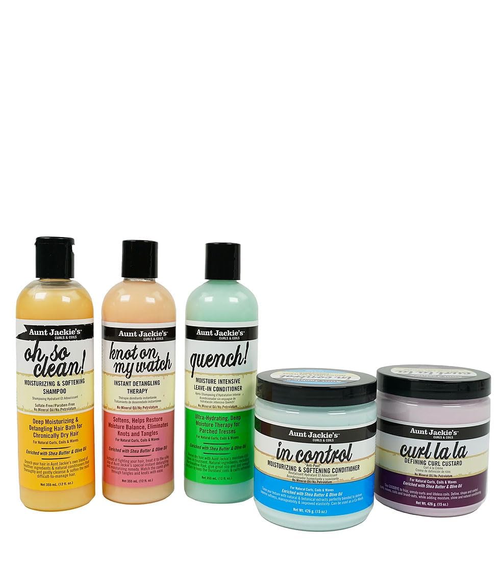Aunt Jackie's Curls & Coils Bundle, All 5 Products in Collection, Hydrate & Define Hair, Combat Frizz & Dryness, For all Hair Types and Textures Clear