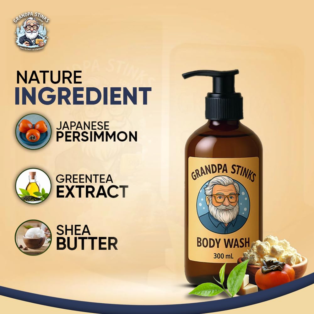 Grandpa Stinks® Body Wash - Persimmon & Green Tea Deodorizing Cleanser - Natural Odor Eliminator for Men - Hydrating Daily Shower Gel with Shea Butter Beauty & Personal Care Grandpa Stinks