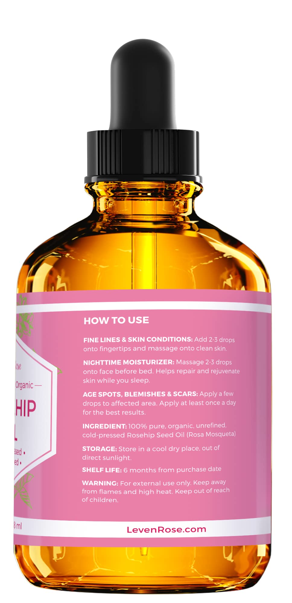 Leven Rose Rosehip Seed Oil for Face 4 oz - Pure Rosehip Oil for Face - Unrefined Cold Pressed Rosehip Oil for Body - Nighttime Face Moisturizer Beauty & Personal Care Leven Rose
