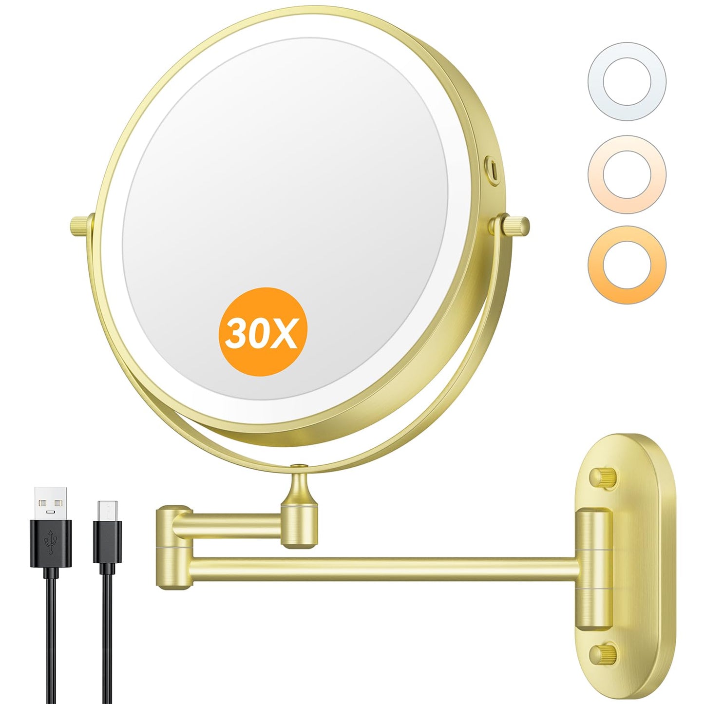 Auxmir 1X/30X Wall Mounted Makeup Mirror with Light, 8" Rechargeable Double-Sided Magnifying Mirror, Vanity Mirror Dimmable 3 Color Light, 360ยฐ Beauty and Personal Care Auxmir Default Title