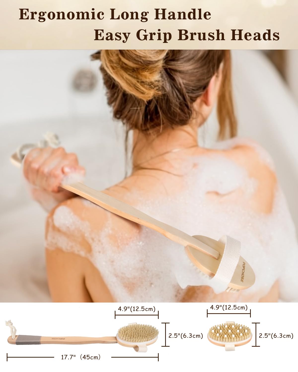 Dry Brushing Body Brush, POPCHOSE Body Scrubber for Men Women, Back Scrubber for Shower, Natural Bristle Exfoliator Scrubber for Body Cellulite Beauty & Personal Care POPCHOSE