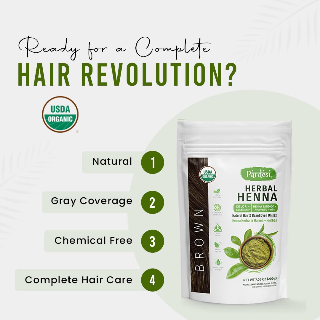 Pardesi Organic Henna Brown 200g - Natural Hair Color & Conditioning Treatment | Halal, Non-GMO, Vegan | Chemical-Free Beauty & Personal Care PARDESI
