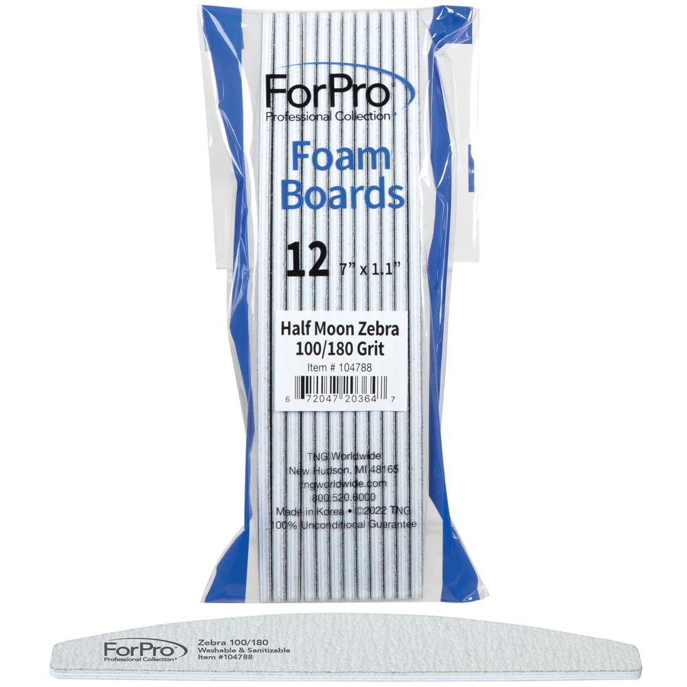 ForPro Professional Collection Half Moon Foam Boards, Zebra, 100/180 Grit, Double-Sided Manicure and Pedicure Nail Files, 7” L x 1.1” W, 12-Count Beauty & Personal Care ForPro Professional Collection