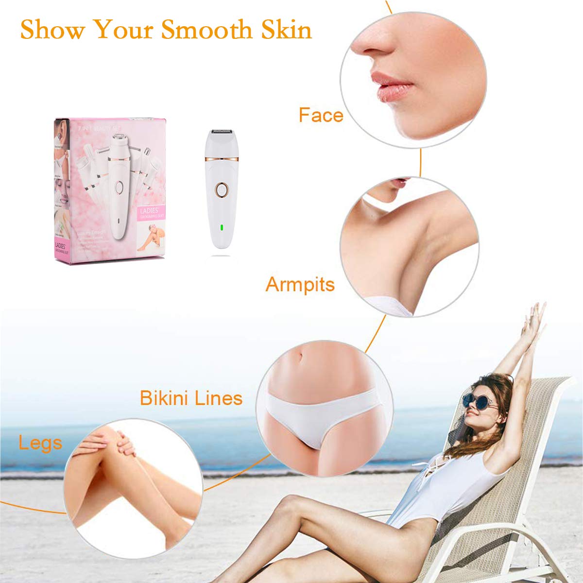 Electric Razor for Women,7 in 1 Painless Lady Shaver Set,Rechargeable Cordless Facial Hair Removal,Bikini Trimmer,for Face,Eyebrow,Nose, Underarm Beauty and Personal Care superqiu