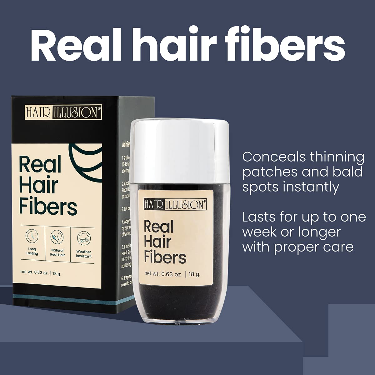 Hair Illusion Black Real Hair Fibers 18g – 100% Natural Texture, Non-Synthetic, Covers Thinning Hair & Bald Spots for Men & Women Beauty & Personal Care Hair Illusion