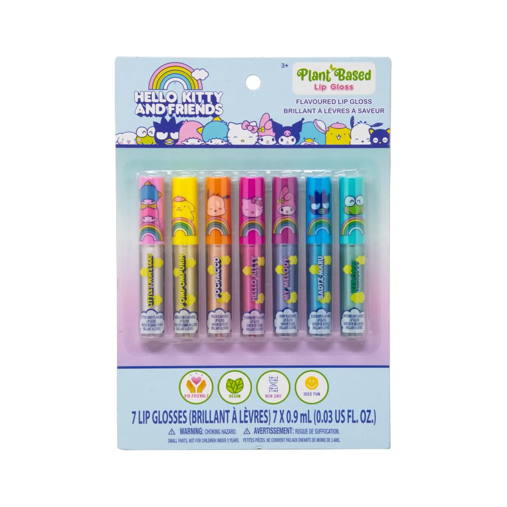 SANRIO Hello Kitty Lip Gloss Hello Kitty & Friends Lip Gloss, Plant Based Multi-Flavored, 7 Lip Glosses Beauty & Personal Care SANRIO