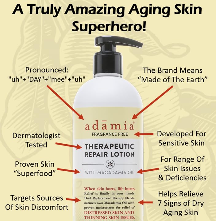 Adamia Therapeutic Repair Lotion with Macadamia Nut Oil and Promega-7, 16 Fl Oz Bottle- Fragrance Free, Paraben Free, Non GMO, White Beauty & Personal Care Adamia