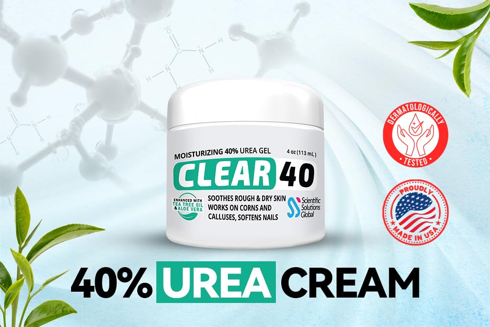 CLEAR 40, 40% Urea Gel, 4 oz w/Tea Tree & Coconut Oil, Aloe Vera Extract, Works on Calluses & Corns, Moisturizes & Softens Cracked Heels, Feet Beauty & Personal Care Scientific Solutions Global