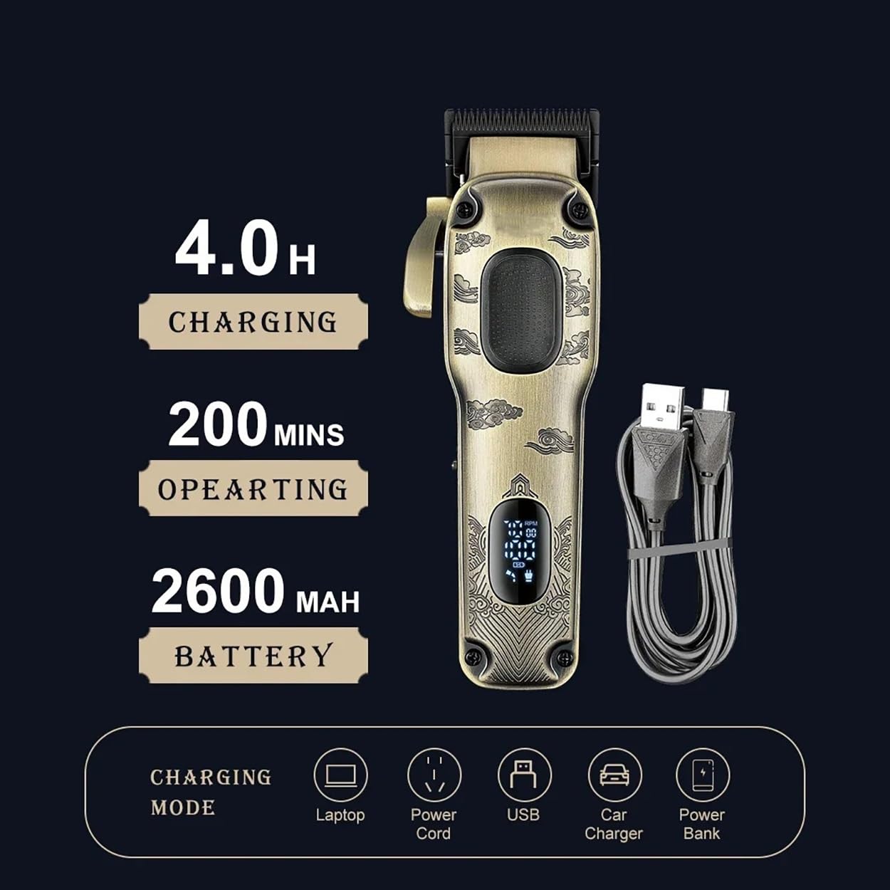 QDKVTNDJZ Mens Hair Clippers, Trimmer Professional Cut Machine Electric Barber Adjustable LED Vintage Metal for Men Beauty and Personal Care QDKVTNDJZ