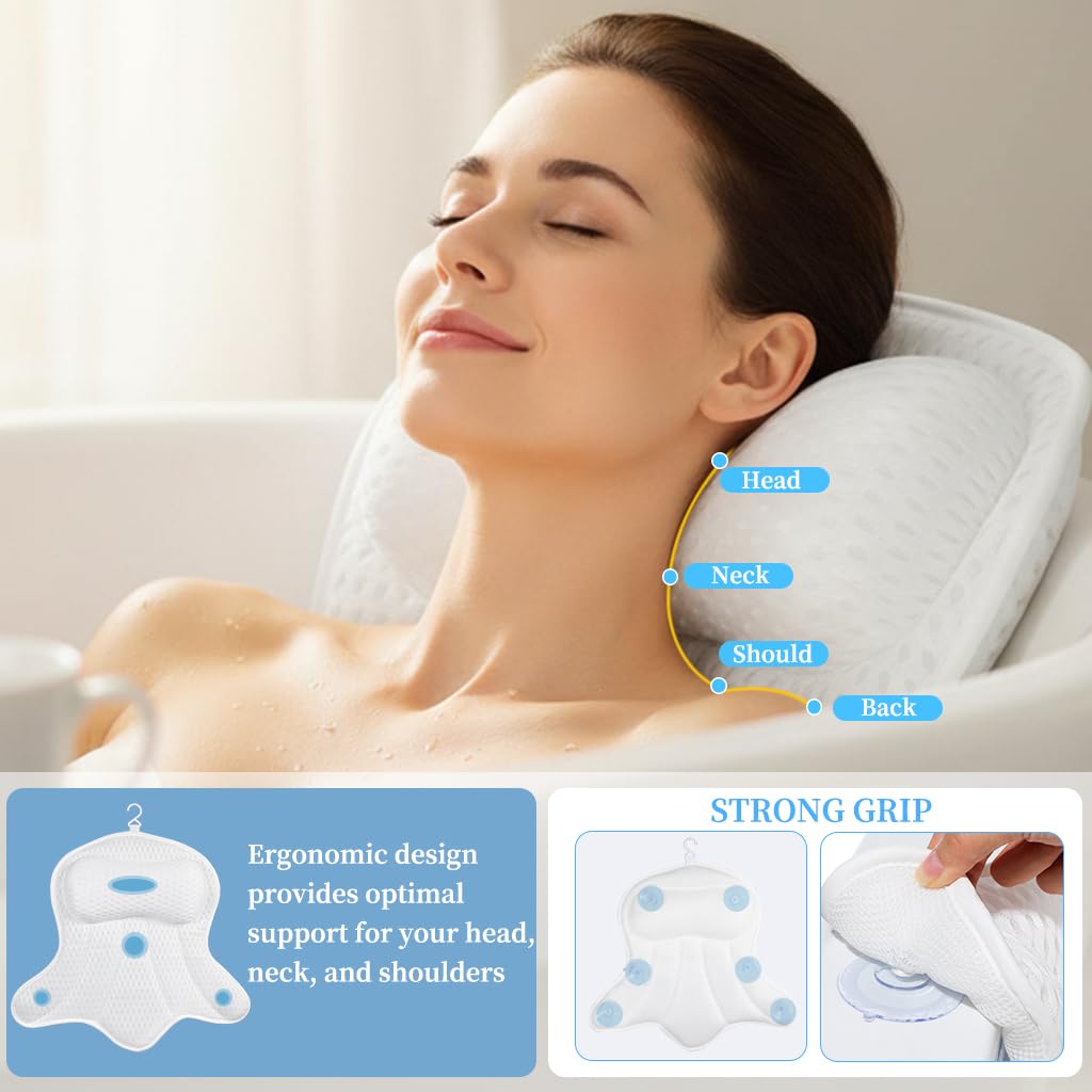 AmazeFan Luxury Bath Pillow,Ergonomic Bathtub Spa Pillow with 4D Air Mesh Technology and 6 Suction Cups,Helps Support Head,Back and Neck,Fits All Beauty and Personal Care AmazeFan