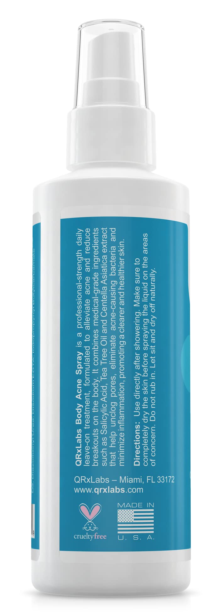 QRxLabs NEW! Body Acne Spray with 2% Salicylic Acid, Tea Tree Oil and Centella Asiatica Extract - Controls breakouts on back, arms, chest- 4 fl oz Beauty & Personal Care QRxLabs