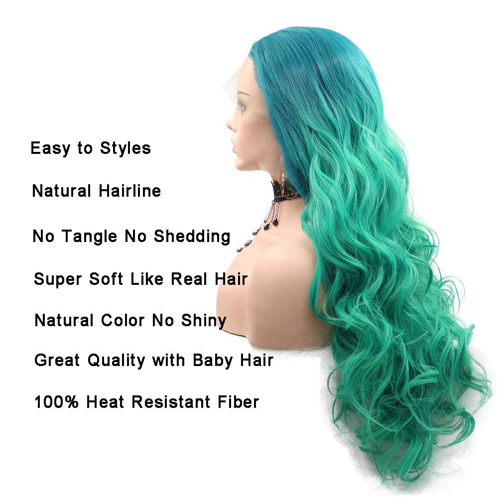 Long Green 2T Ombre Body Wave Synthetic Lace Front Wigs for Women Free Part Natural Hairline Glueless Wigs Light Green Ombre Green Body Wave Curly