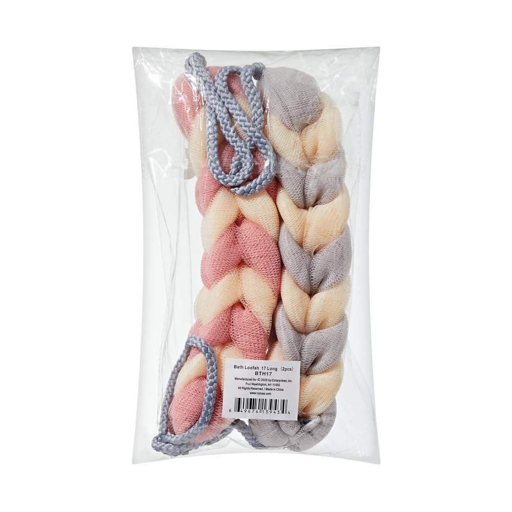 Éclat Long Stretch Back Loofah, Braided Mesh Shower Sponge with Rope Handles, Exfoliating Body Scrubber, Long Handle Bath Pouf for Deep Cleansing Beauty and Personal Care Éclat