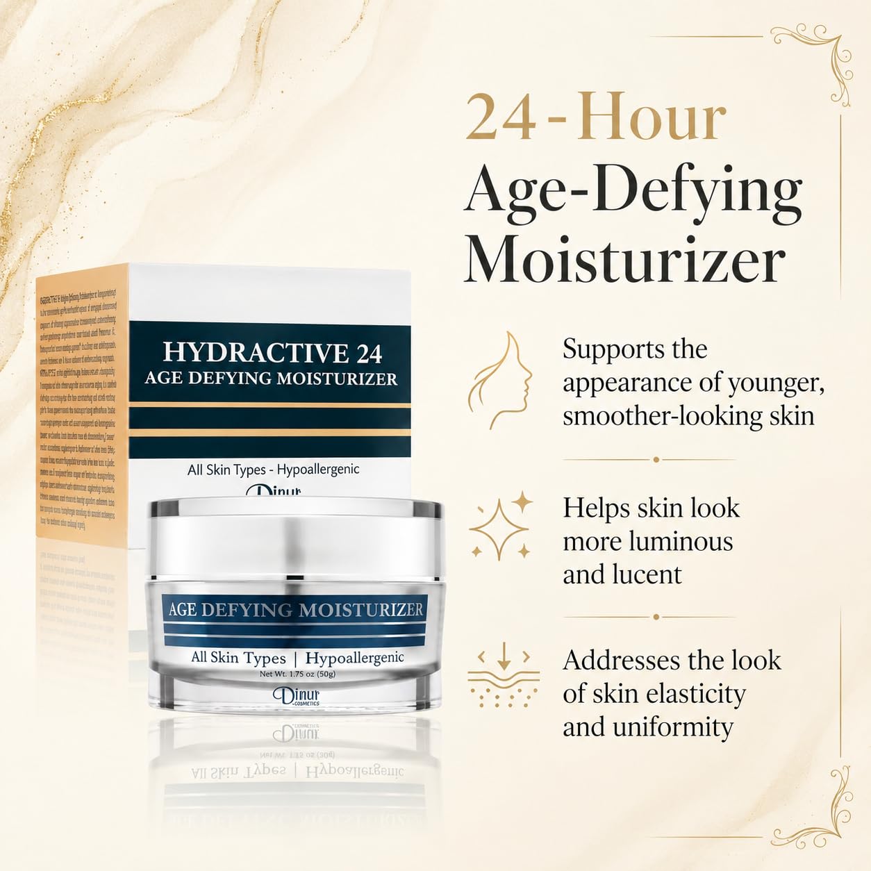 Dinur Cosmetics Hydractive 24 Age Defying Moisturizer Hydrating Looks Younger Smoother & Lucent Improves Skin Elasticity Uniformity 1.75 ounces/50 Beauty & Personal Care Dinur Cosmetics