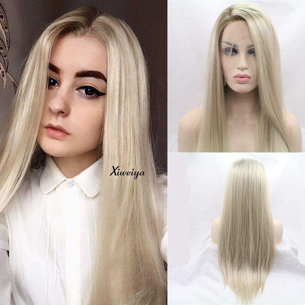 xiweiya Synthetic Long Straight Wig Ombre Light Blonde Wigs 13 * 3 Lace Wig for Women Daily Wear 24inches