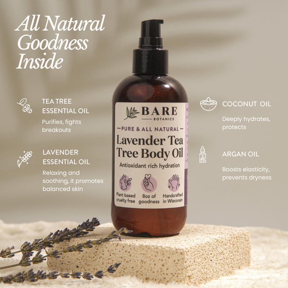 BARE BOTANICS 8 oz Moisturizing Lavender Tea Tree Body Oil - 100% Pure & Natural for Skin & Nails - Perfect for Moisturization - Vegan, Cruelty Free Beauty & Personal Care BARE BOTANICS
