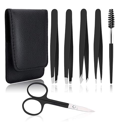 UUBAAR 6 PCS Professional Tweezers Set - Stainless Steel Precision Tweezer Kit for Eyebrows, Facial Hair, Ingrown Hair & Splinter Removal with Travel Beauty & Personal Care UUBAAR