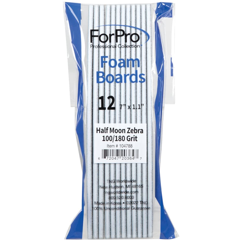 ForPro Professional Collection Half Moon Foam Boards, Zebra, 100/180 Grit, Double-Sided Manicure and Pedicure Nail Files, 7” L x 1.1” W, 12-Count Beauty & Personal Care ForPro Professional Collection
