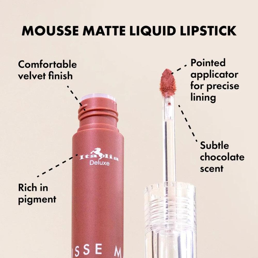 Italia Deluxe Pick 1 Mousse Matte Liquid Lipstick Comfortable Velvet Finish & Zipper Bag (190-01 : ALMOND, Full Size) Beauty & Personal Care Italia Deluxe
