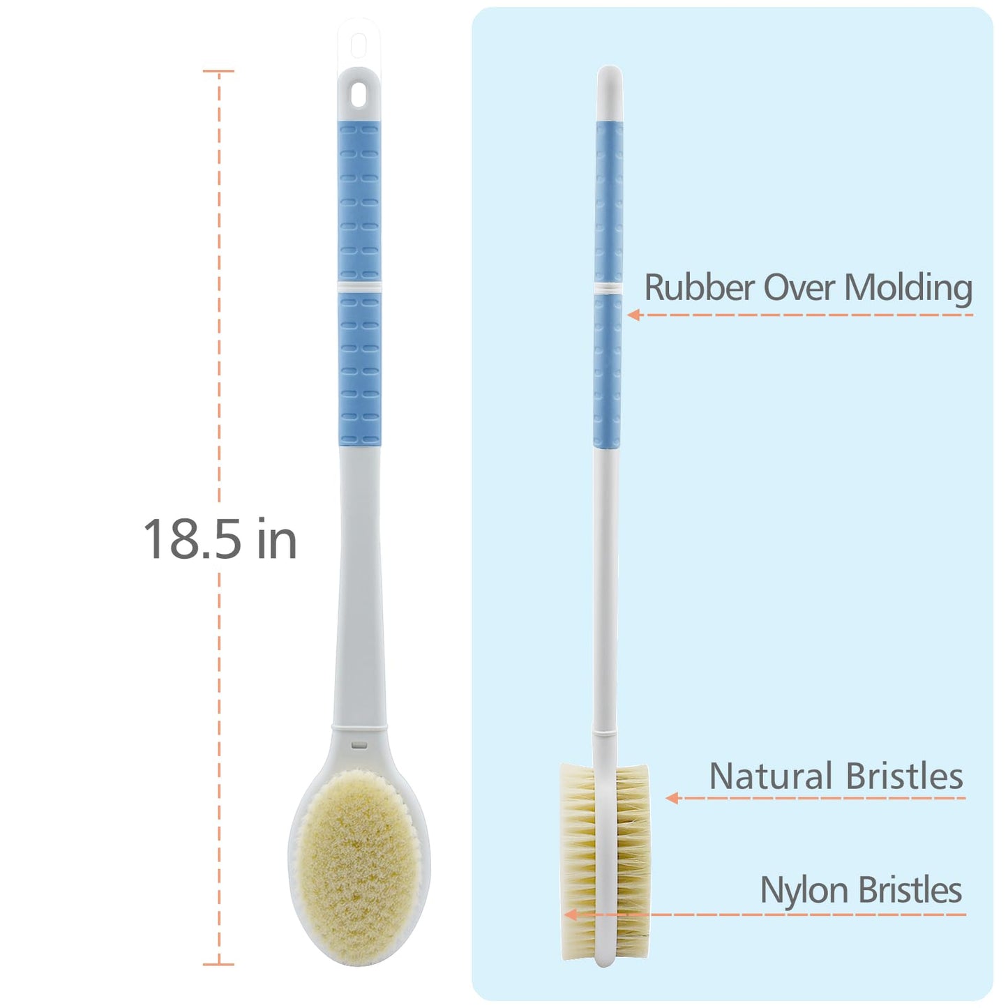 Shower Brush with Soft and Stiff Bristles,18.5" Long Handle Dual-Sided Back Scrubber Bath Brush Body Exfoliator for Wet or Dry Brushing (Long Handle) Beauty & Personal Care HONOMA
