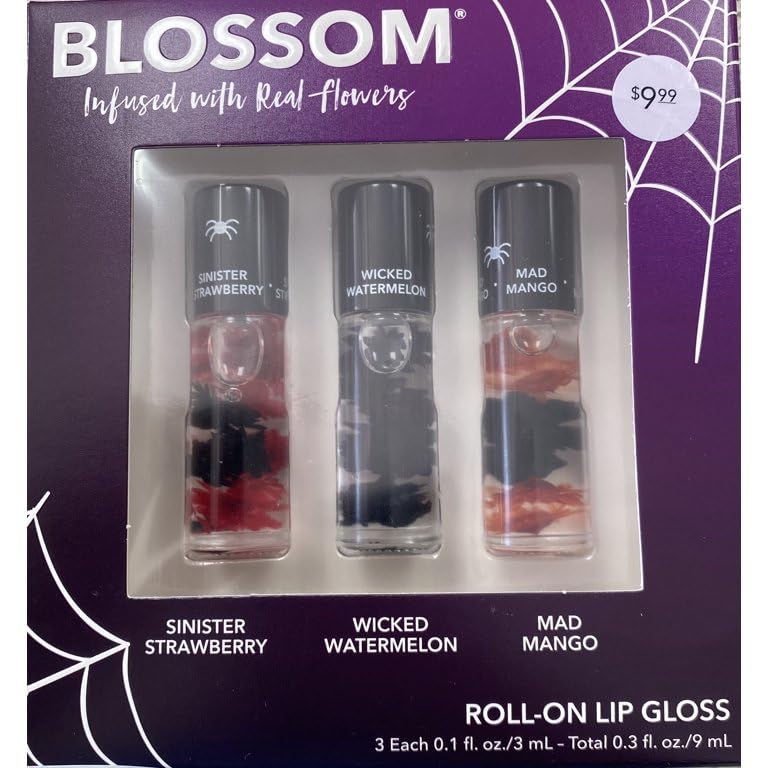 Blossom Scented Roll on Lip Gloss, Infused with Real Flowers, Made in USA, 0.3 fl. oz./9ml, 3 pack Mini Gift Set, Sinister Strawberry/Wicked Beauty & Personal Care Blossom