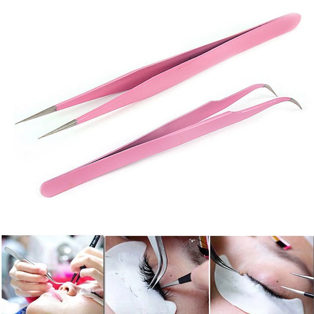AKOAK 2 Pieces Stainless Steel Tweezers for Eyelash Extension - Straight and Curved Tip Tweezers - Pink Beauty and Personal Care AKOAK
