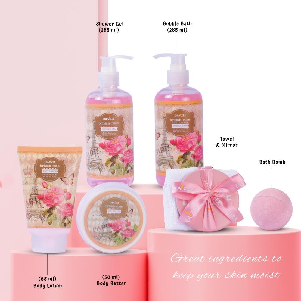 Gift Set for Women - 8 Pc Spa Gift Baskets for Women, British Rose Scented Heel Shoe Spa Basket, Luxury Bath and Body Set, Self Care Gift for Her or Beauty & Personal Care Draizee