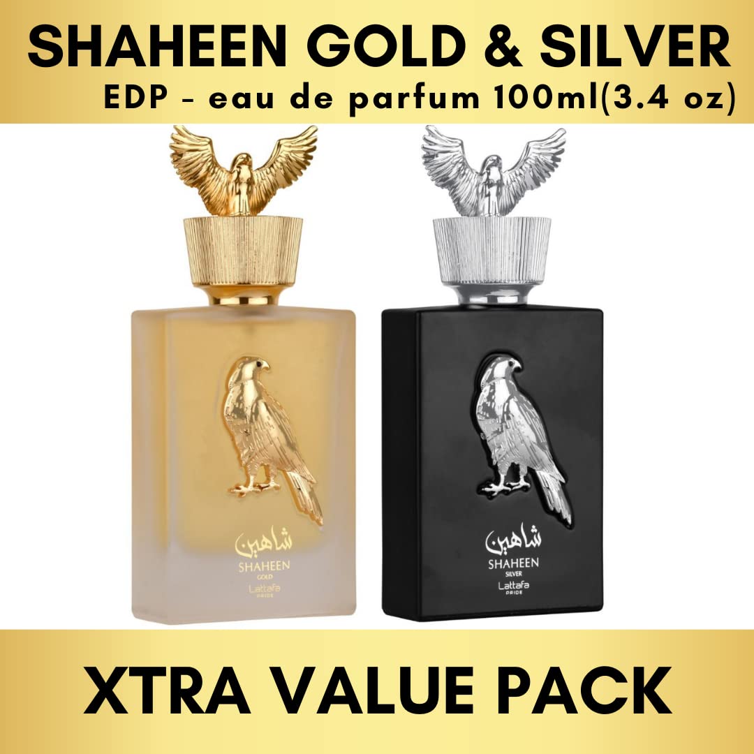 Lattafa Perfumes Pride Shaheen for Unisex 2 Piece Eau de Parfum Gift Set (Gold + Silver) 3.4 Ounce/100 ml each Beauty & Personal Care Lattafa
