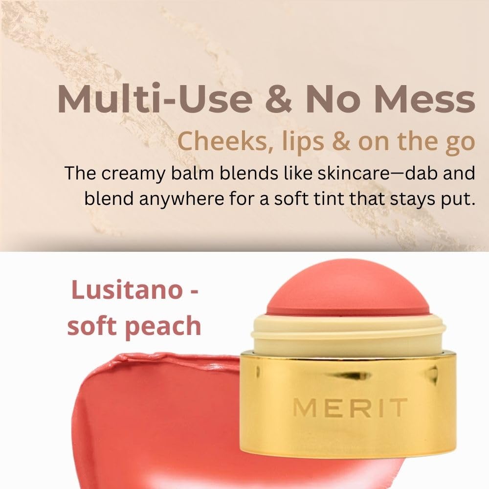 MERIT Flush Balm Cream Blush - Lusitano Soft Peach | Hydrating Radiant Cheek & Lip Tint Stick with Vitamin E | Lightweight, Buildable, Vegan &