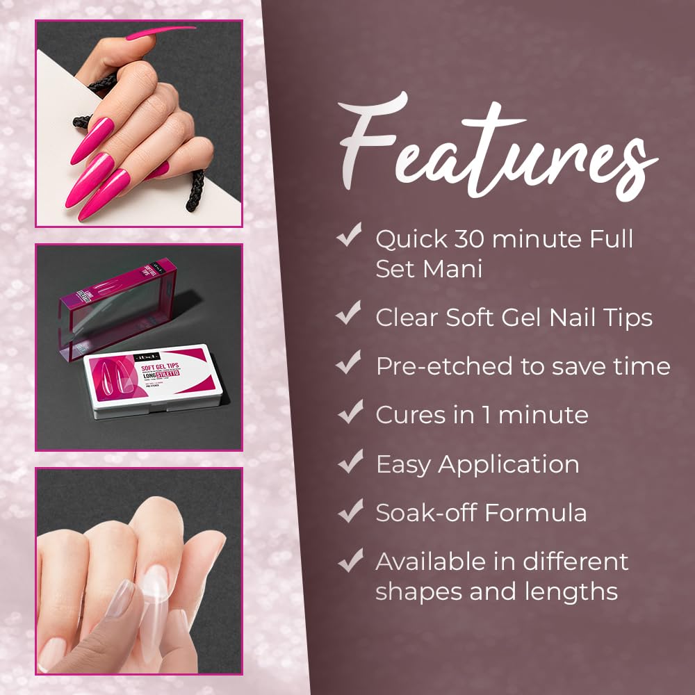 IBD Clear Soft Gel Nail Tips - Long Stiletto Shape, Pre-Etched Fake Nail Extensions for Durable, Lightweight Application, Acrylic Press On Nails, 504