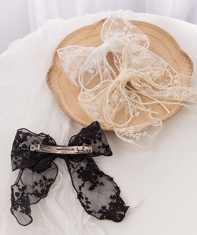 Sovenny 3 Pieces Lace Bow Pearl Chain Hair Clips Flower Embroidery Non Slip Hair Bow Barrettes for Women and Girls (White, Beige, Black) Beauty & Personal Care Sovenny