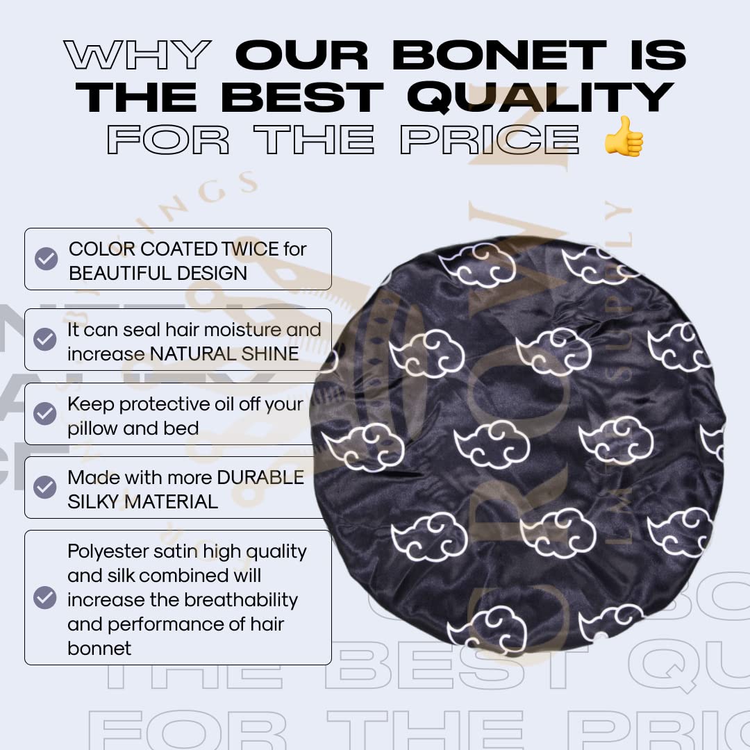 Large Silky Design Anime Bonnet with Elastic Soft Band Adjustable for Women and Men, Comfortable Satin Fabric, BlackcloudB Beauty and Personal Care FOR KINGS. BY KINGS CROWN LMTD SUPPLY