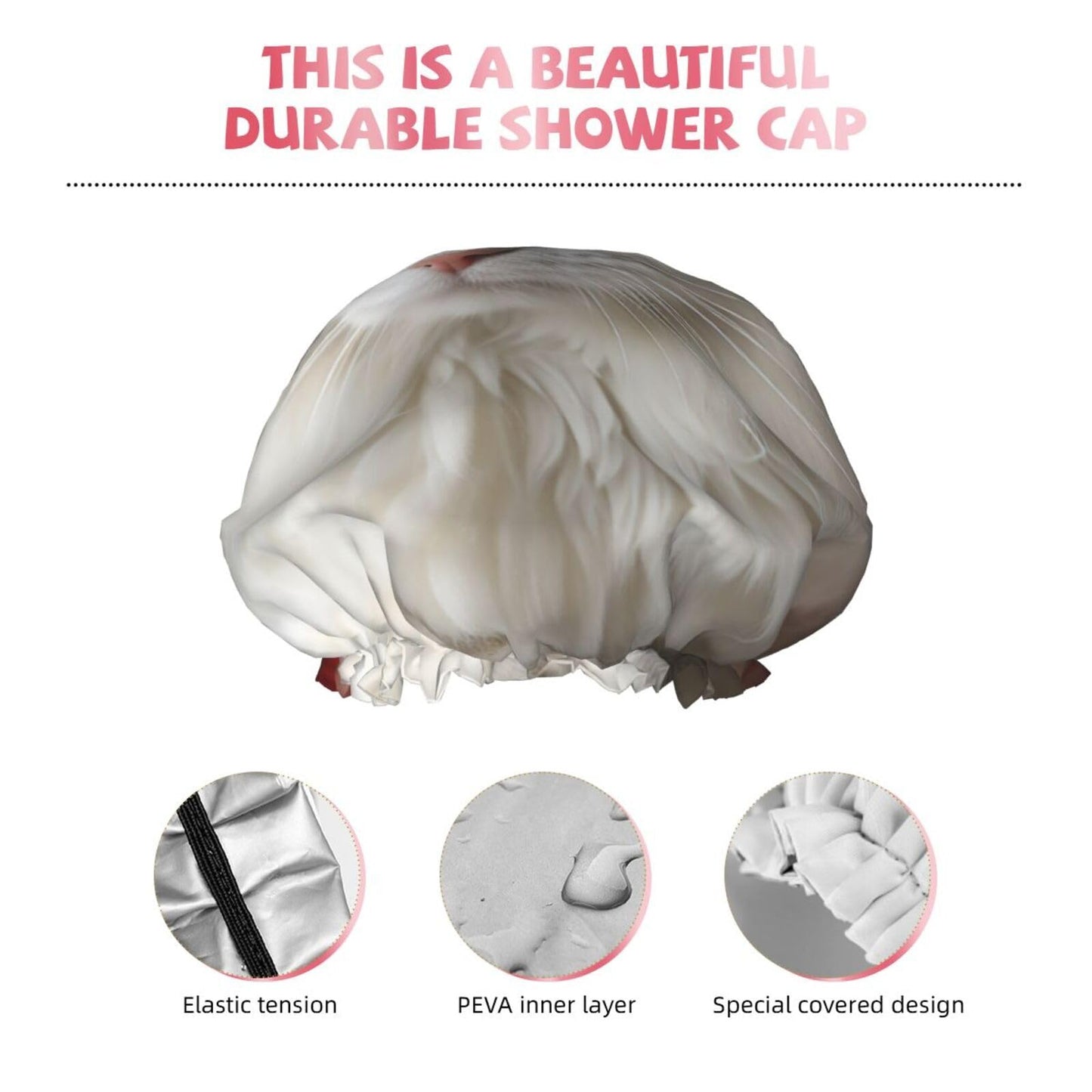 Cute White Cat Shower Cap For Women Reusable Double Layers Bathing Bath Cap Hair Caps Waterproof Elastic Band Ladies Spa Salon Shower Hat Hair Caps Beauty and Personal Care GDSHJKLW