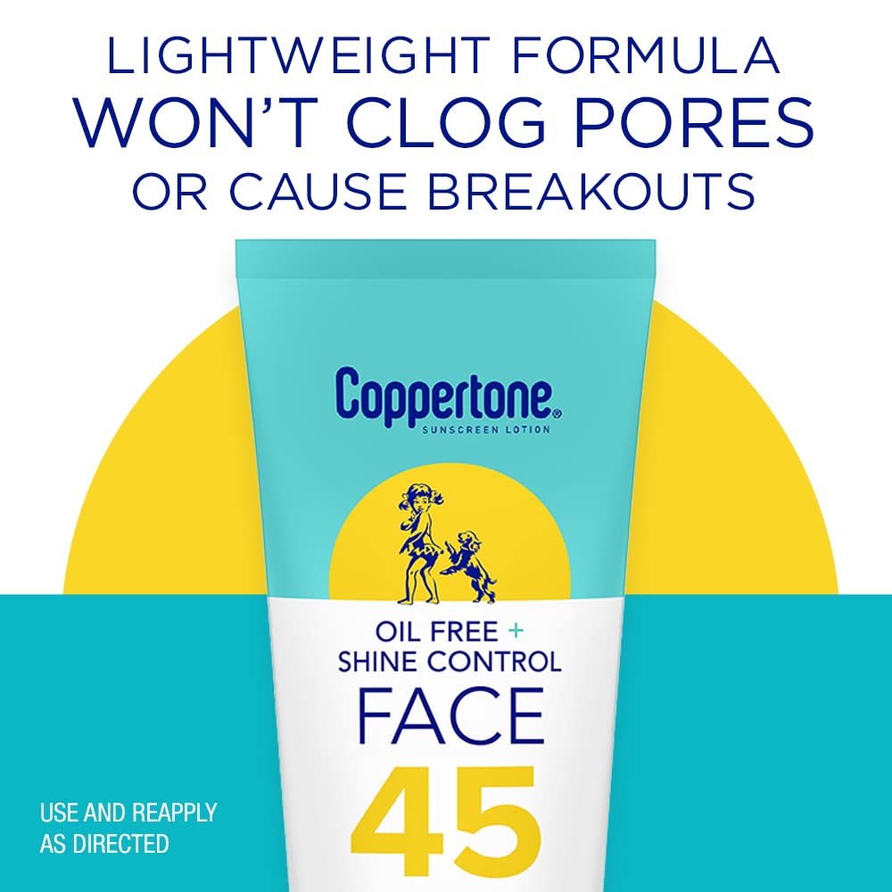 Coppertone Oil Free + Shine Control Sunscreen Face Lotion SPF 45, Lightweight Sunscreen for All Skin Tones, Won't Clog Pores, Fragrance Free, 2.5 Fl Beauty & Personal Care Coppertone