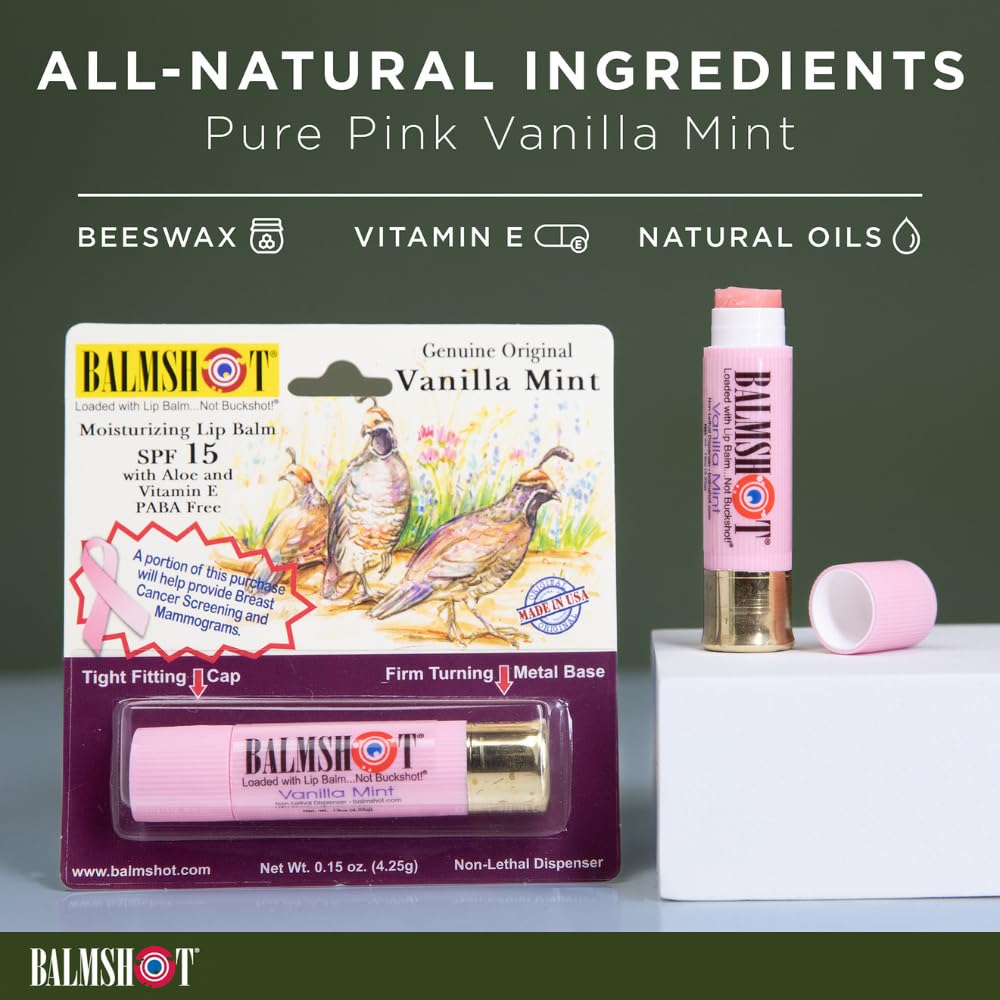 BALMSHOT Lip Balm 4-Pack - SPF 15 Beeswax Formula with Aloe & Vitamin E, PABA Free - Classic, Cool Mint, Vanilla Mint & Pink Camo Vanilla Mint Beauty and Personal Care Balmshot